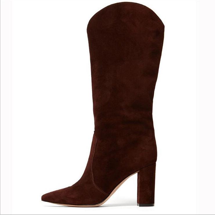 Pointed toe thick heel knee-length boots, view 2 - MRSLM