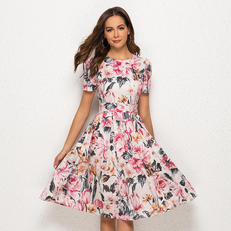 short-sleeved floral print party dress, view 2 - MRSLM