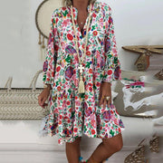 printed v-neck ruffled loose dress, view 9 - MRSLM