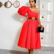 medium length evening dress with off-the-shoulder bubble sleeves, view 4 - MRSLM