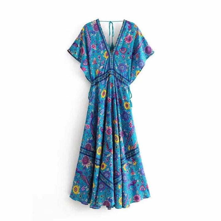 Summer vacation beach skirt dress positioning print V-neck lace dress - MRSLM