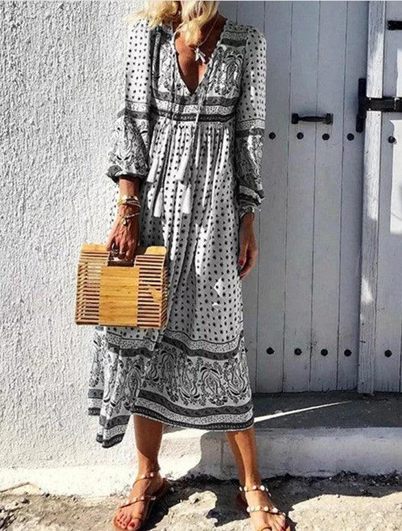 Bohemian Long Sleeve V-neck Pullover Dress