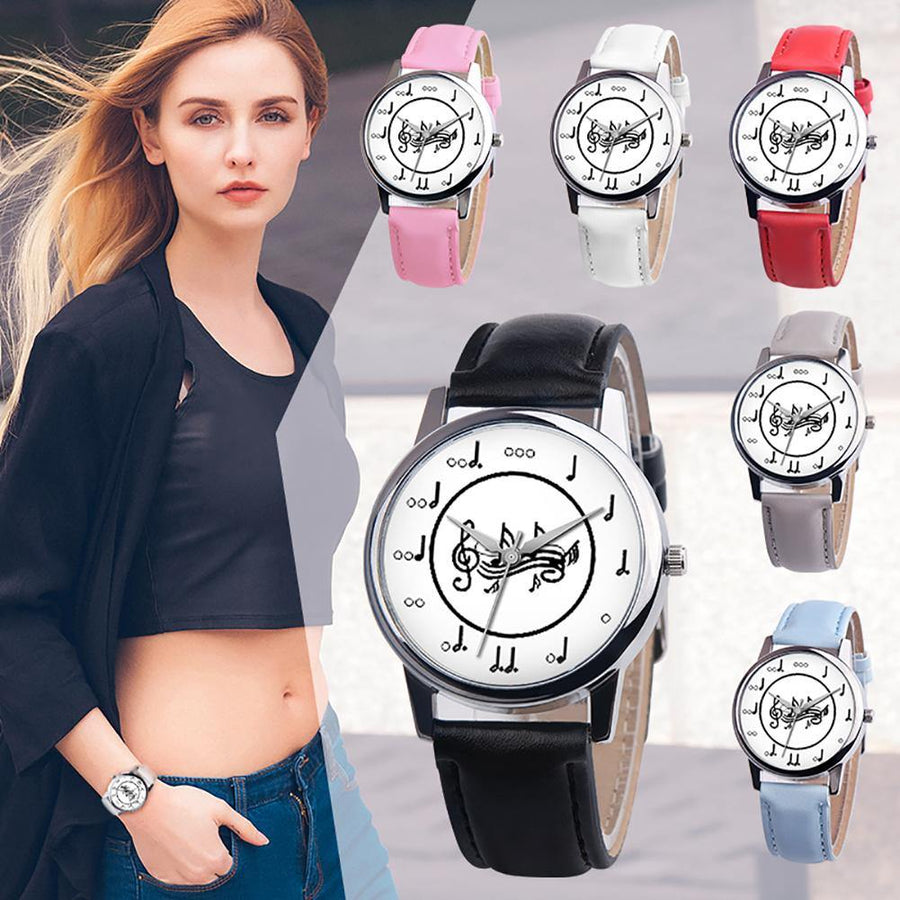 Fashion Music Note Analog Round Dial Faux Leather Band Unisex Quartz Wrist Watch - MRSLM