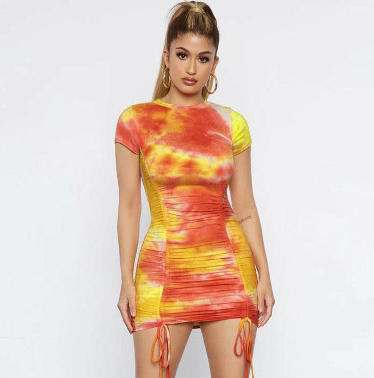 Tie-dye ruched sexy slim dress - MRSLM