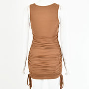 drawstring pleated hip-wrap vest dress, view 8 - MRSLM