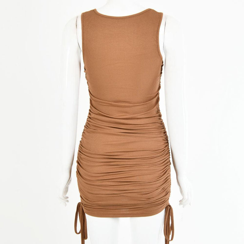 drawstring pleated hip-wrap vest dress, view 8 - MRSLM