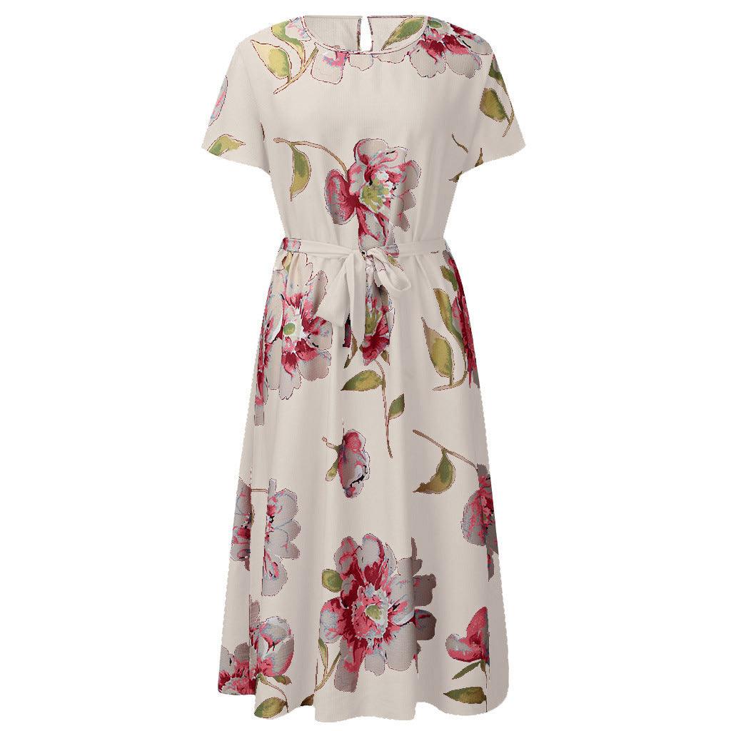 Round Neck Short Sleeve Printed Waist Dress