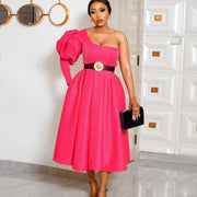 medium length evening dress with off-the-shoulder bubble sleeves, view 3 - MRSLM