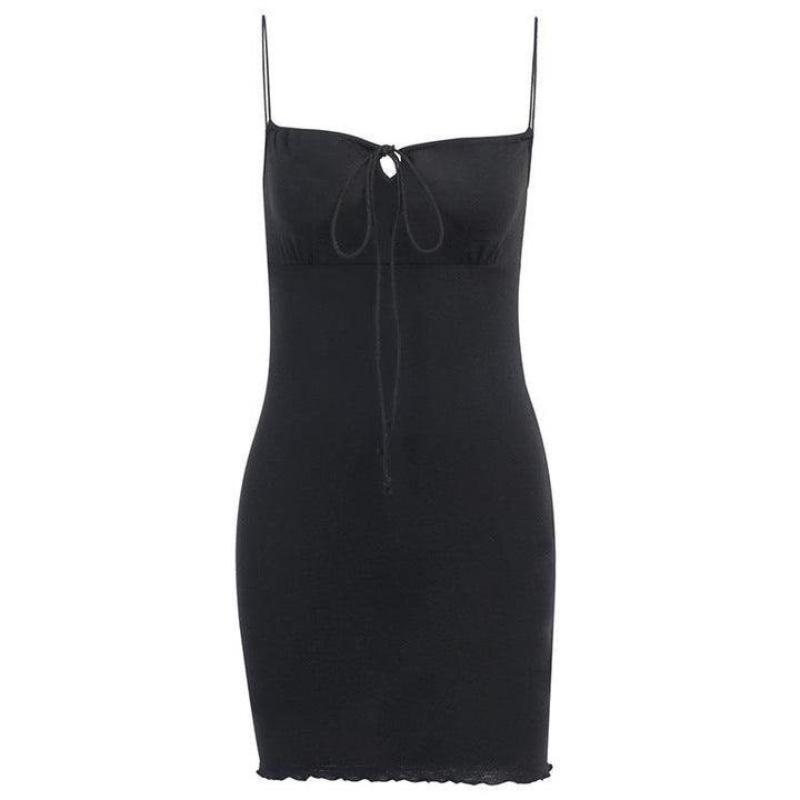 Black Cotton Front Bandage Sleeveless Spaghetti Strap Mini Dresses Skinny Elastic Sexy Ruffles Hem Basic Summer Dress - MRSLM
