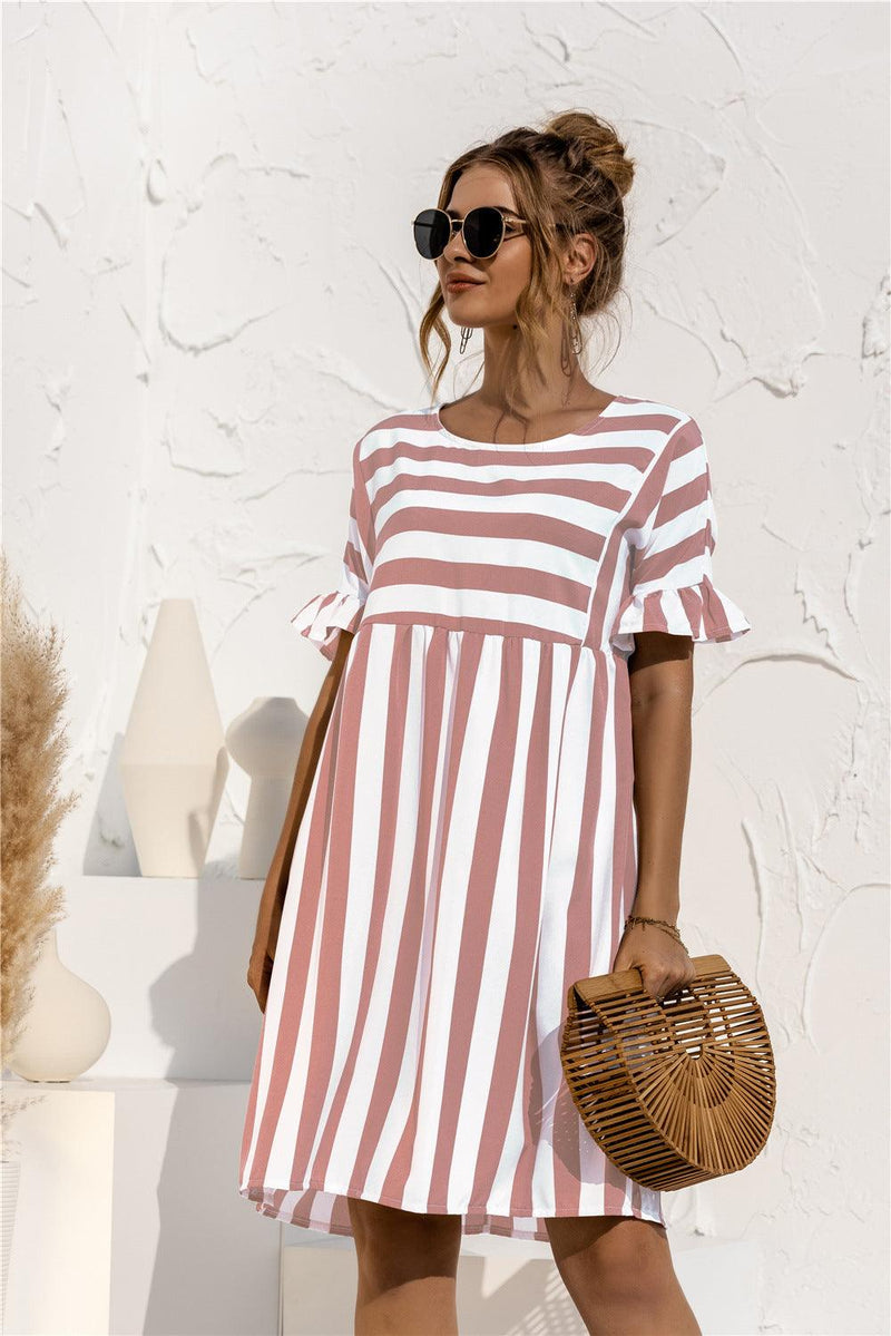 Ruffled striped loose dress with pocket, view 3 - MRSLM