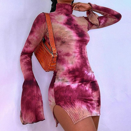 Flared sleeve high slit printed dress - MRSLM