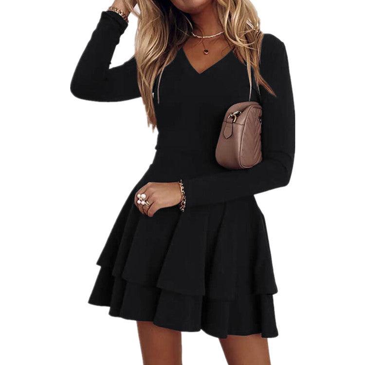 french solid color v-neck base dress, view 3 - MRSLM
