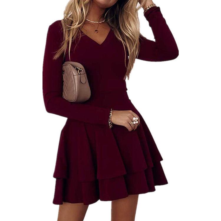 french solid color v-neck base dress, view 5 - MRSLM