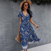 fashion v-neck print dress, view 2 - MRSLM
