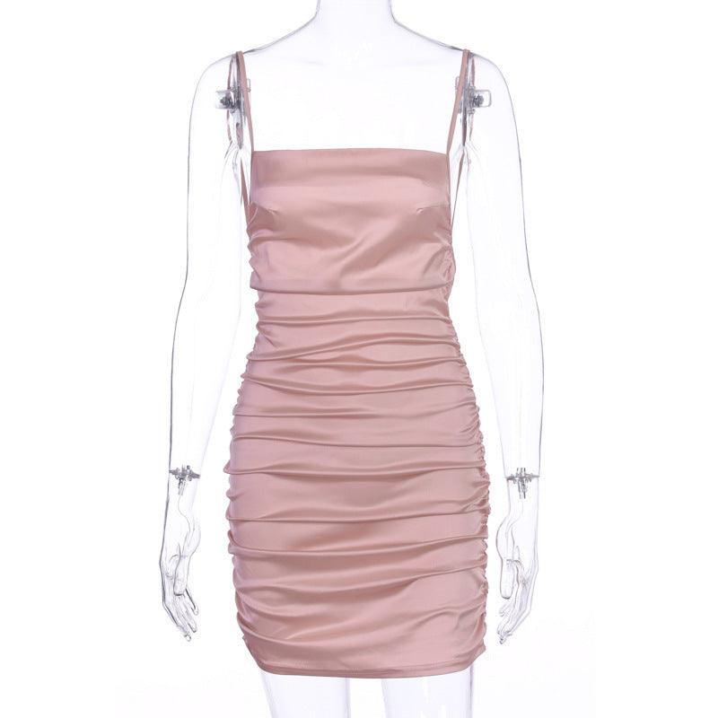 Pleated strap open back dress, view 3 - MRSLM