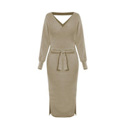 Slim double V-neck sweater dress, view 3 - MRSLM