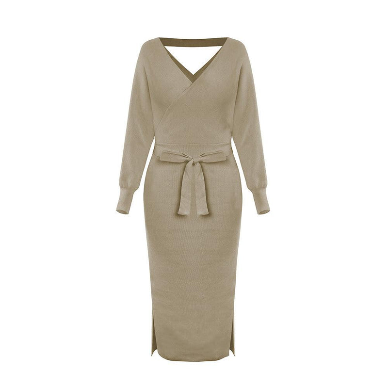 Slim double V-neck sweater dress, view 3 - MRSLM