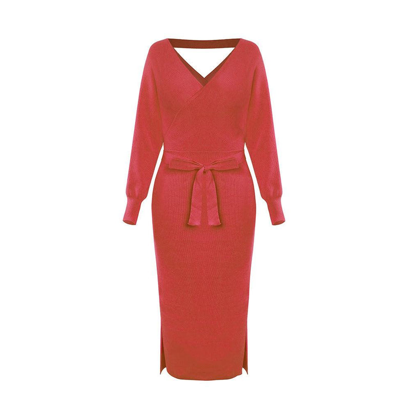 Slim double V-neck sweater dress, view 4 - MRSLM