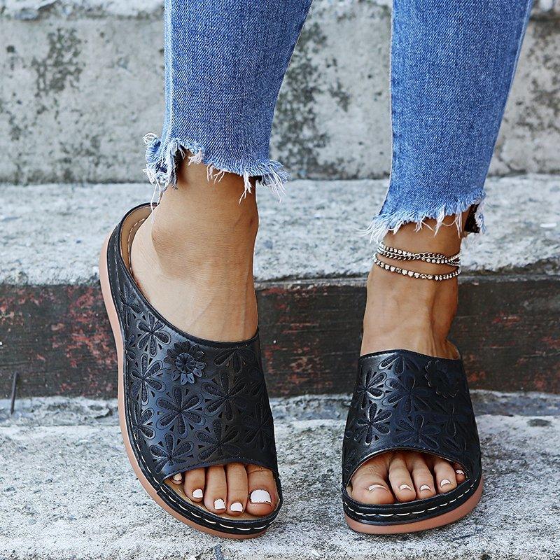 Women's retro hollow floral slope heel slippers - MRSLM