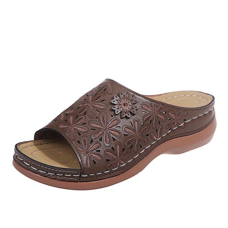 Women's retro hollow floral slope heel slippers, view 4 - MRSLM