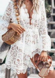 resort style lace v-neck dress, view 3 - MRSLM