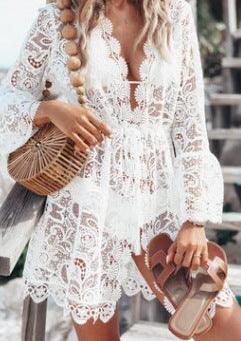 resort style lace v-neck dress, view 3 - MRSLM