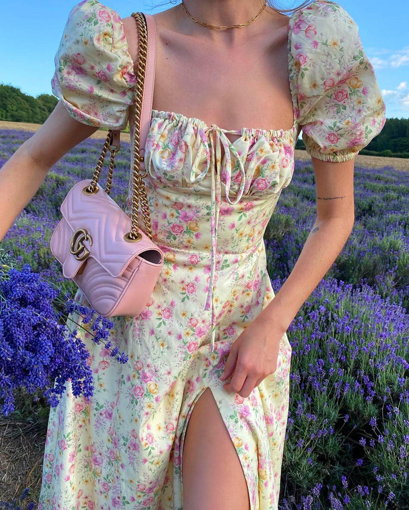 Floral print puff sleeve chiffon dress, view 3 - MRSLM