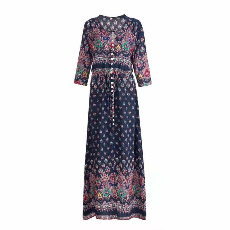 bohemian print long beach dress, view 3 - MRSLM