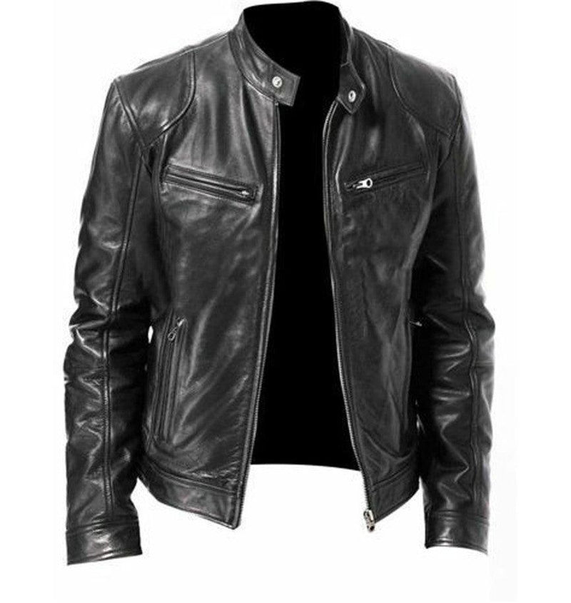 Gentleman's Warm Zipper Cardigan Pocket Decorated Pu Leather Coat - MRSLM