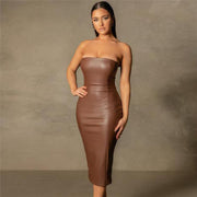 Slim PU leather tube dress with rear slit, view 2 - MRSLM