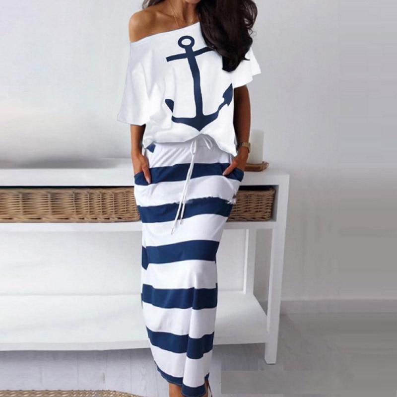 Spot Amazon Bay Navy Wind Casual Anchor Print Short Sleeve T-shirt Skirt Set - MRSLM