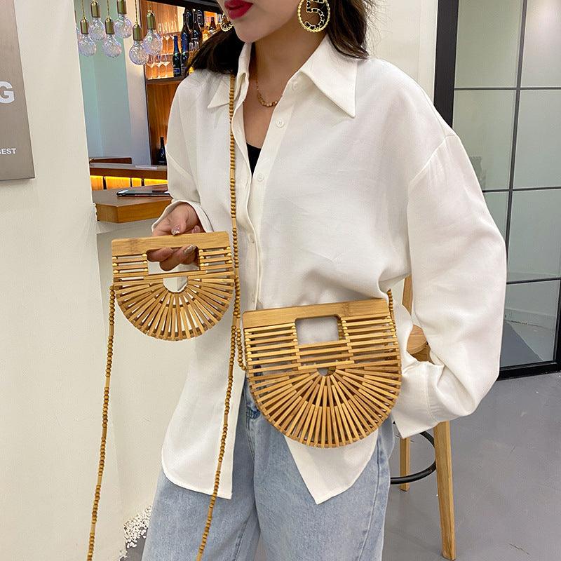 Hollow Woven Bamboo Round Messenger Bag