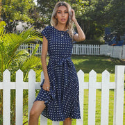mid length polka dot lace-up dress, view 4 - MRSLM