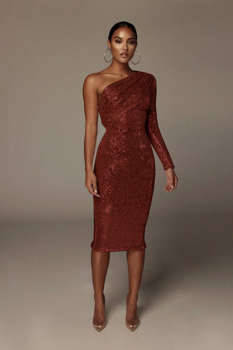 One-shoulder sequined long dress, view 3 - MRSLM