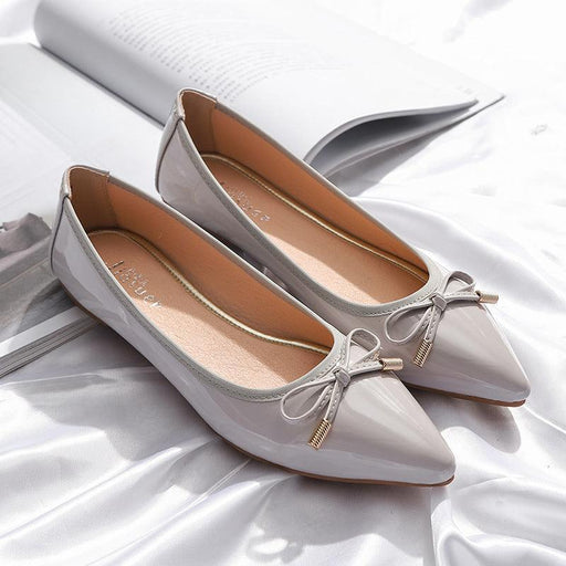 Women's pointed toe patent flats with bow, view 2 - MRSLM