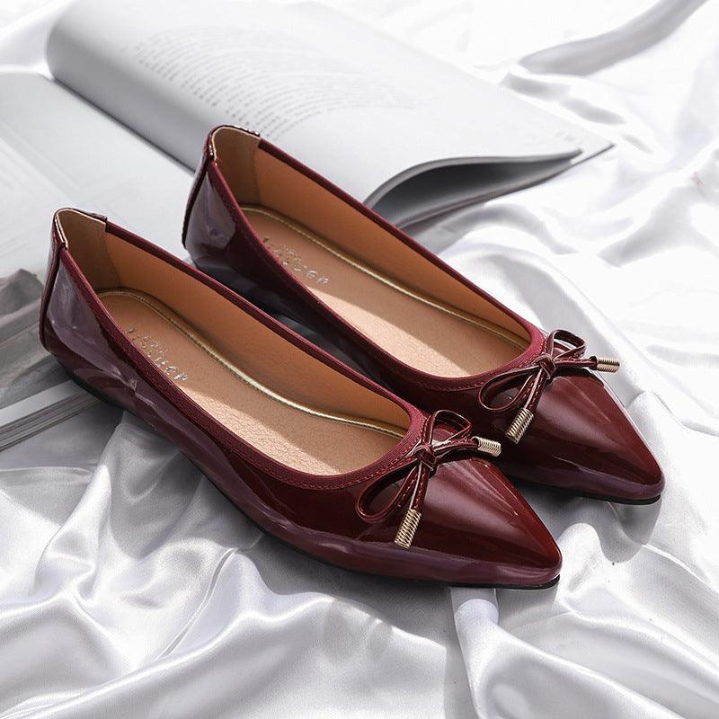 Women's pointed toe patent flats with bow, view 3 - MRSLM