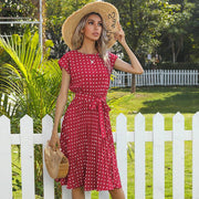 mid length polka dot lace-up dress, view 5 - MRSLM