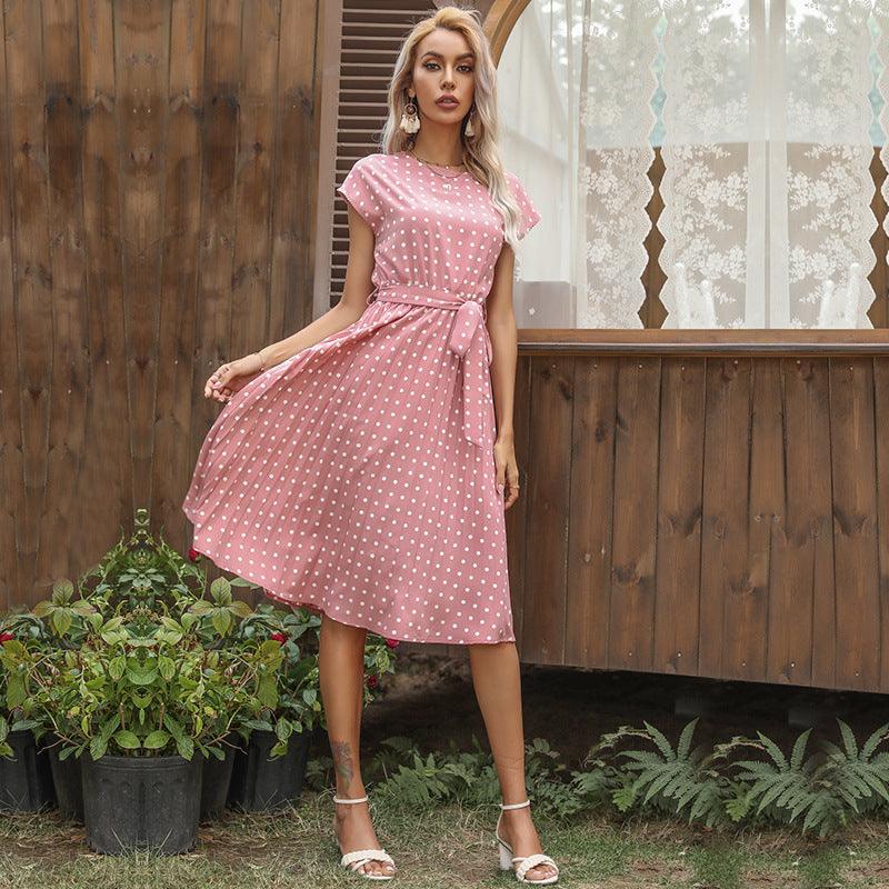 mid length polka dot lace-up dress, view 6 - MRSLM