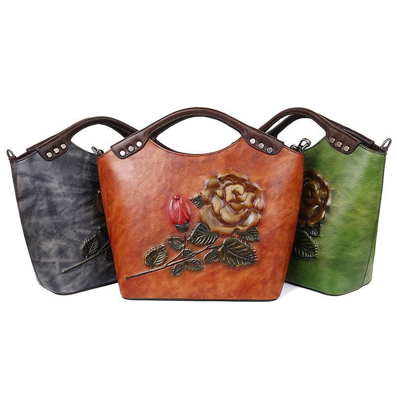 New Three-dimensional Embossed Rose Flower Head Layer Cowhide Handbags - MRSLM