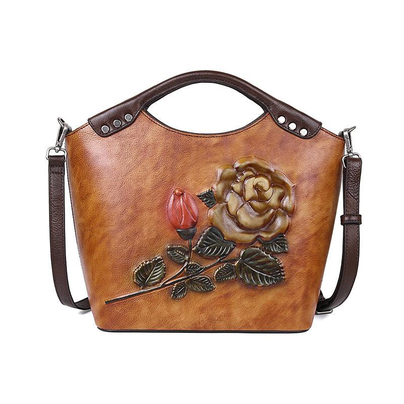 embossed rose cowhide bucket handbag, view 4 - MRSLM