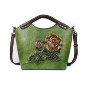 embossed rose cowhide bucket handbag, view 8 - MRSLM