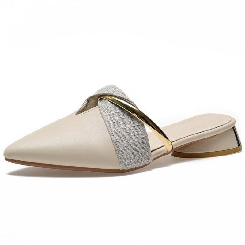 Women's Metal Pointed Thick Heel Mule Half Slippers