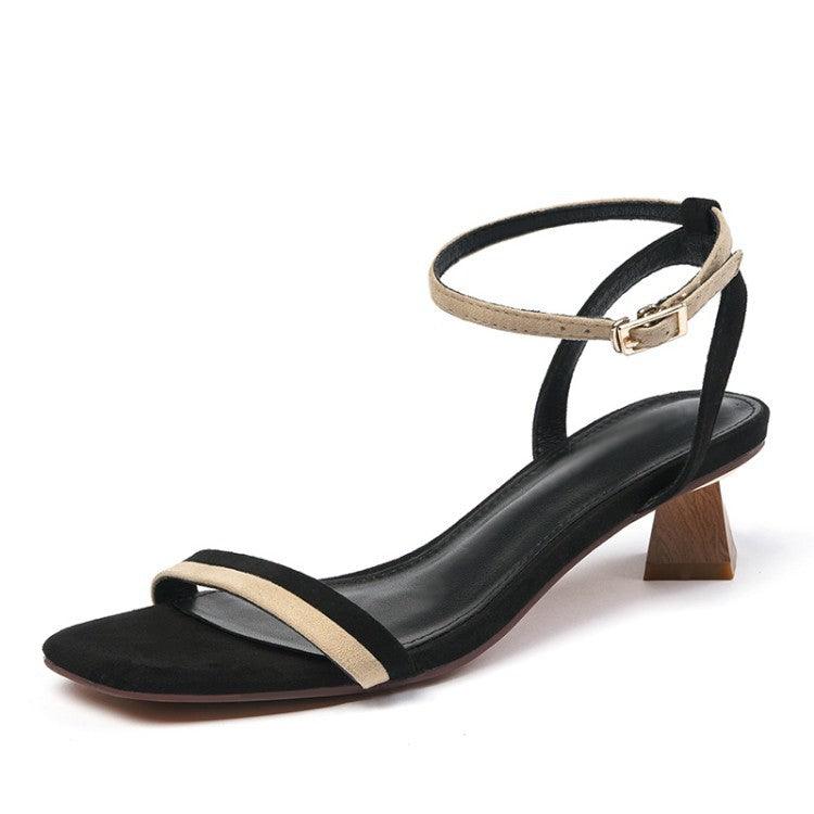 Women's mid-heel buckle open-toe leather sandals, view 2 - MRSLM