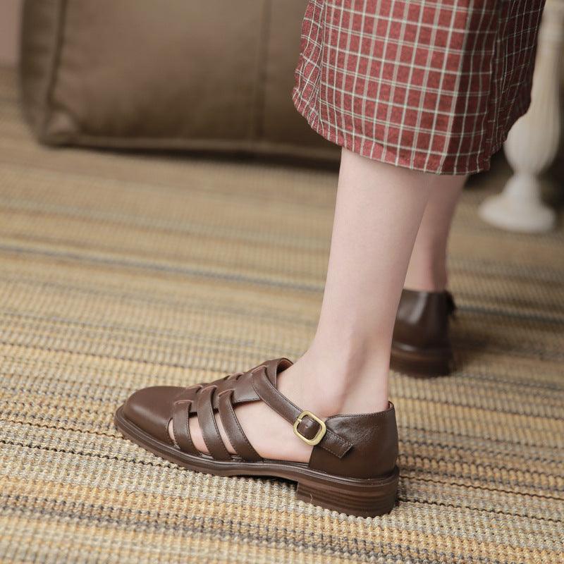 Women's hollow buckle Roman flat shoes, view 3 - MRSLM