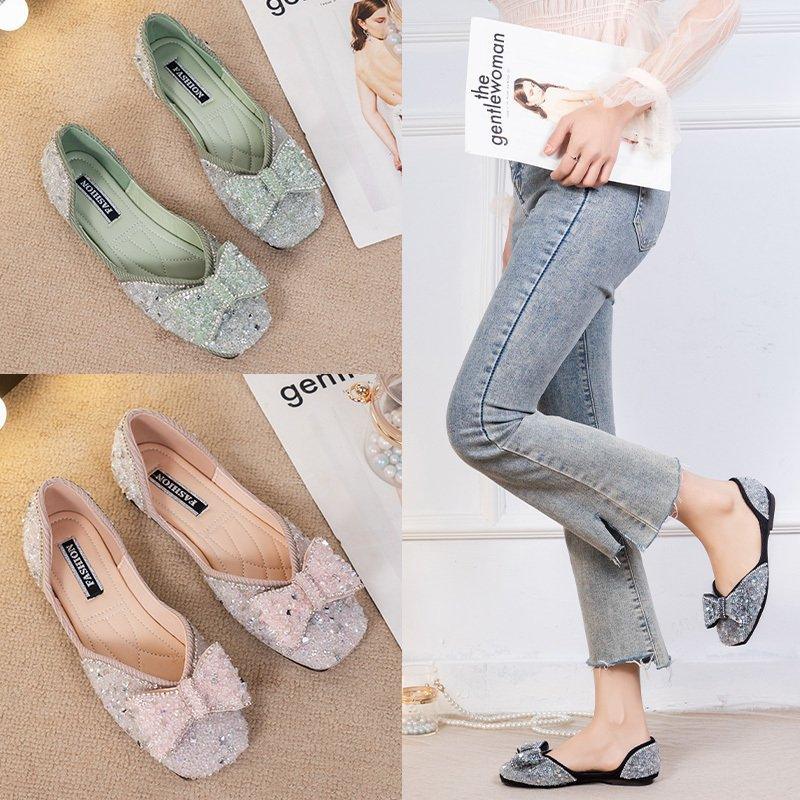 Square Toe Rhinestone Bow Flat Shoes - MRSLM