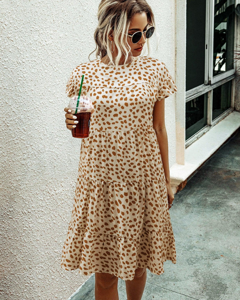 leopard print round neck short sleeve loose dress - MRSLM
