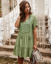 lace stitching solid color v-neck dress, view 4 - MRSLM