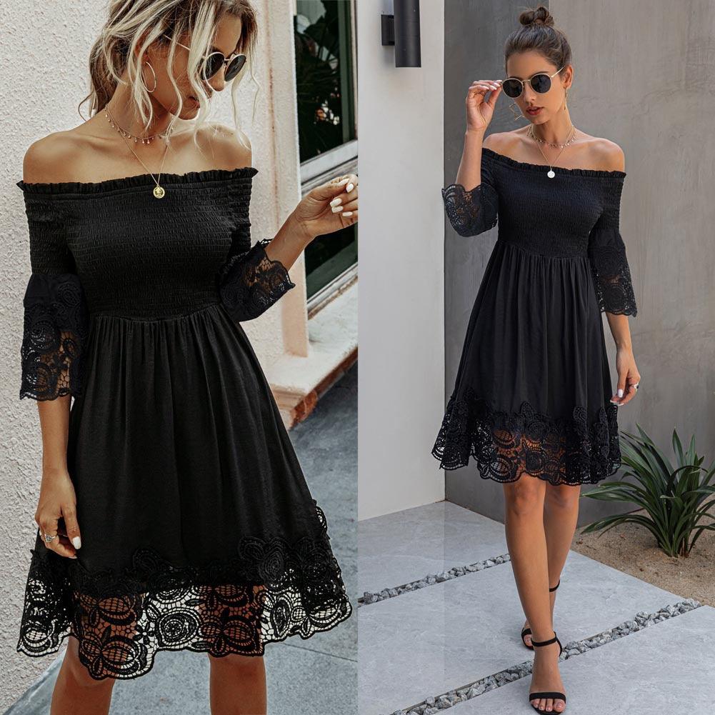 One-shoulder backless solid color lace dress - MRSLM