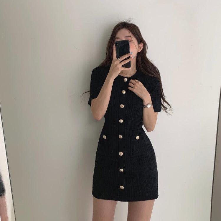 Single Row French Sweet Round Neck Slim Knitted Dress