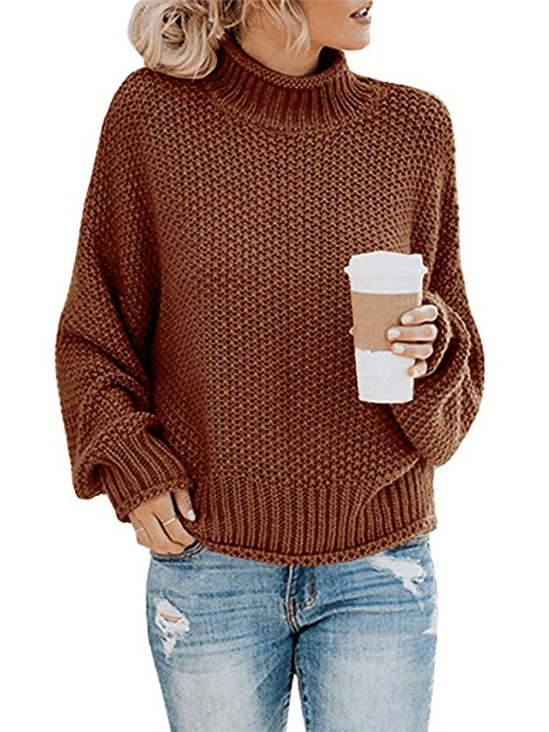 Casual Loose Long Sleeve High Collar Solid Color Pullover Sweaters for Women - MRSLM